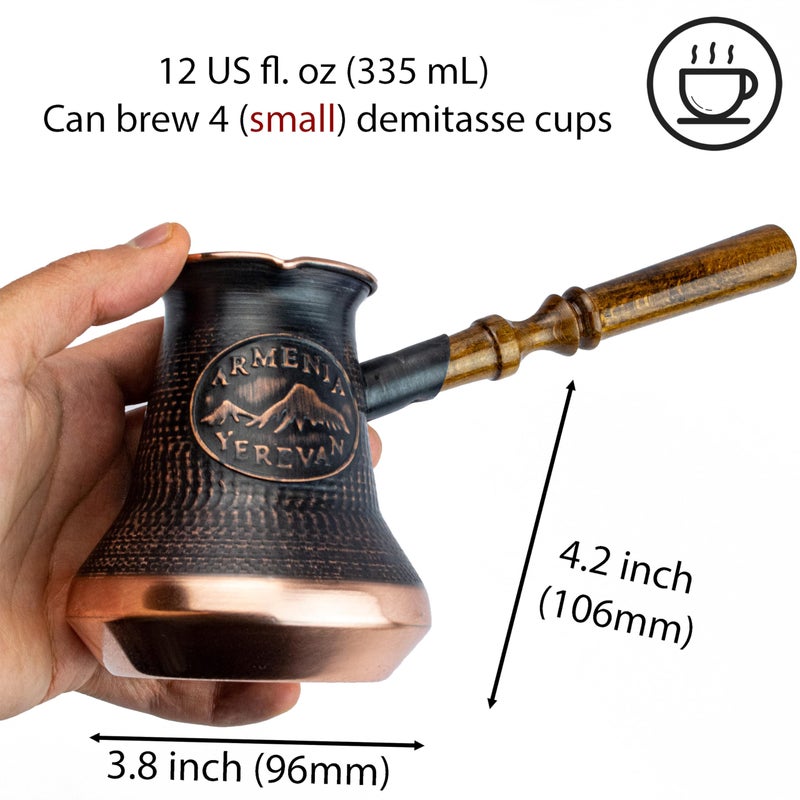 HandCraftoria Handmade Armenian Coffee Pot Maker Copper Jazva Ararat Turkish Arabic Greek Cezve Jezve Ibrik Turka Jazzve Jazve Wooden Handle (12 Fl Oz (355ml)) - Image 3
